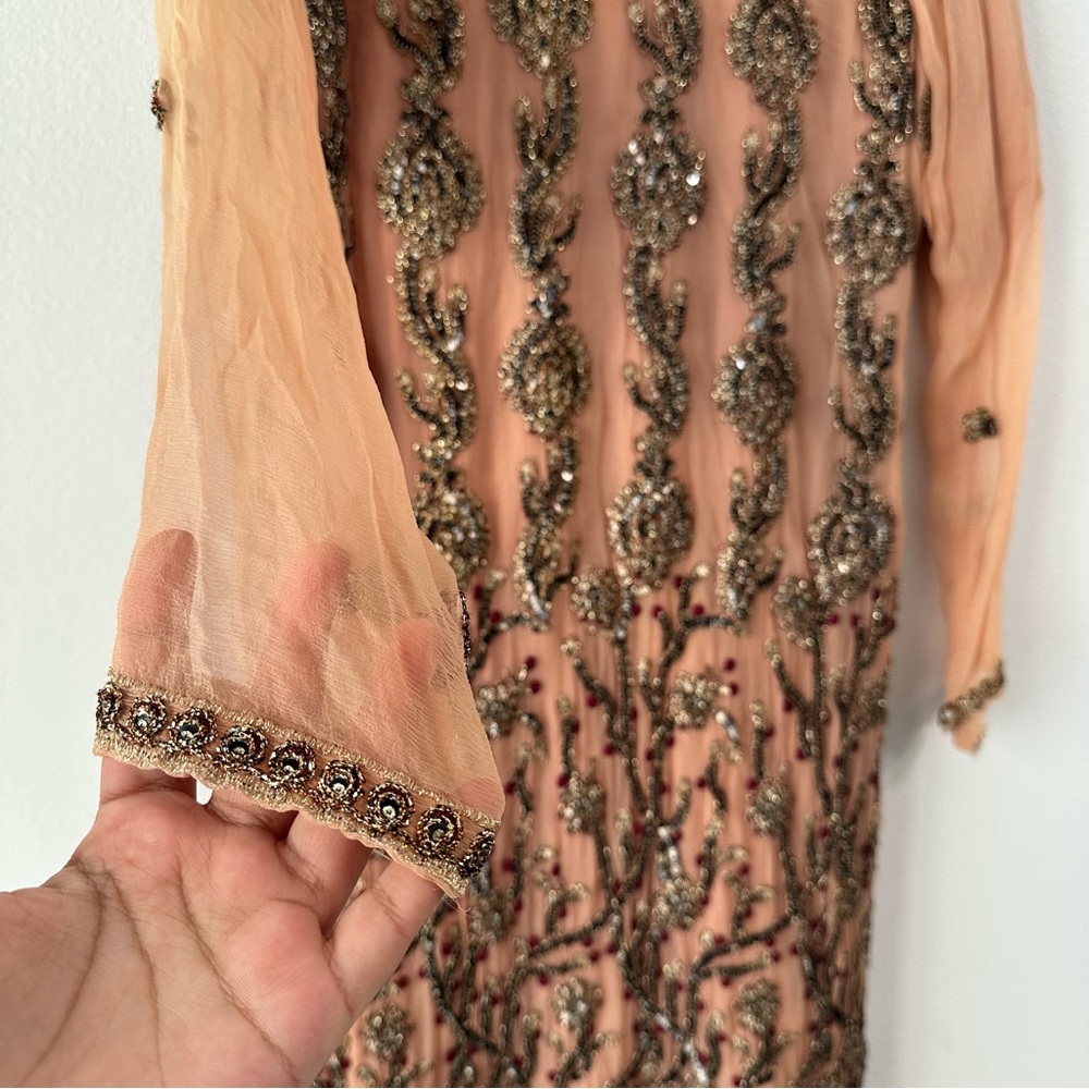 Peach Bronze and Red Embroidered Two-Piece Salwar Kameez | Size Approx. Large - Picture 8 of 12